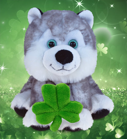 DolliBu Floppy Husky Stuffed Animal with Green Plush Shamrock - 7.5 Inches