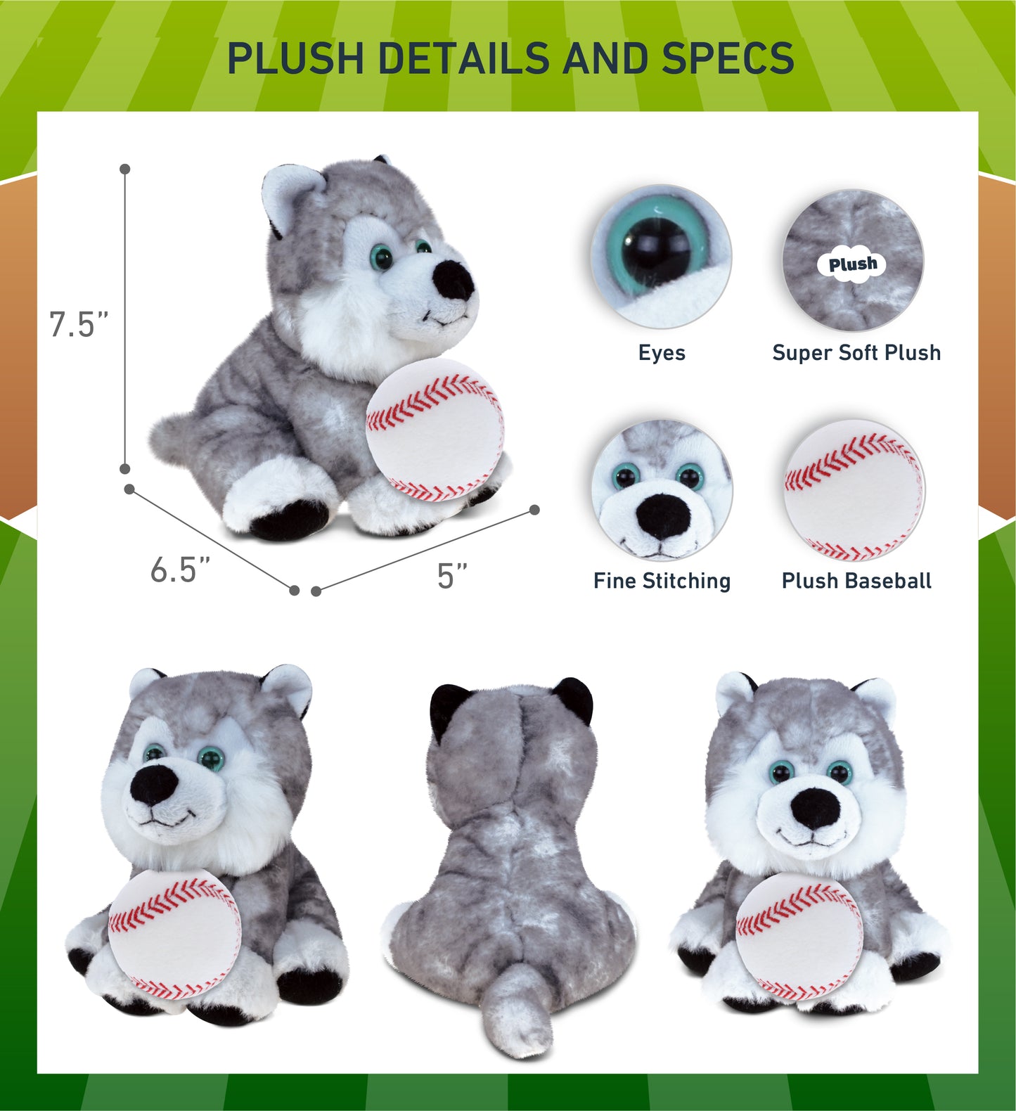 SUPER SOFT PLUSH - FLOPPY HUSKY WITH BASEBALL PLUSH