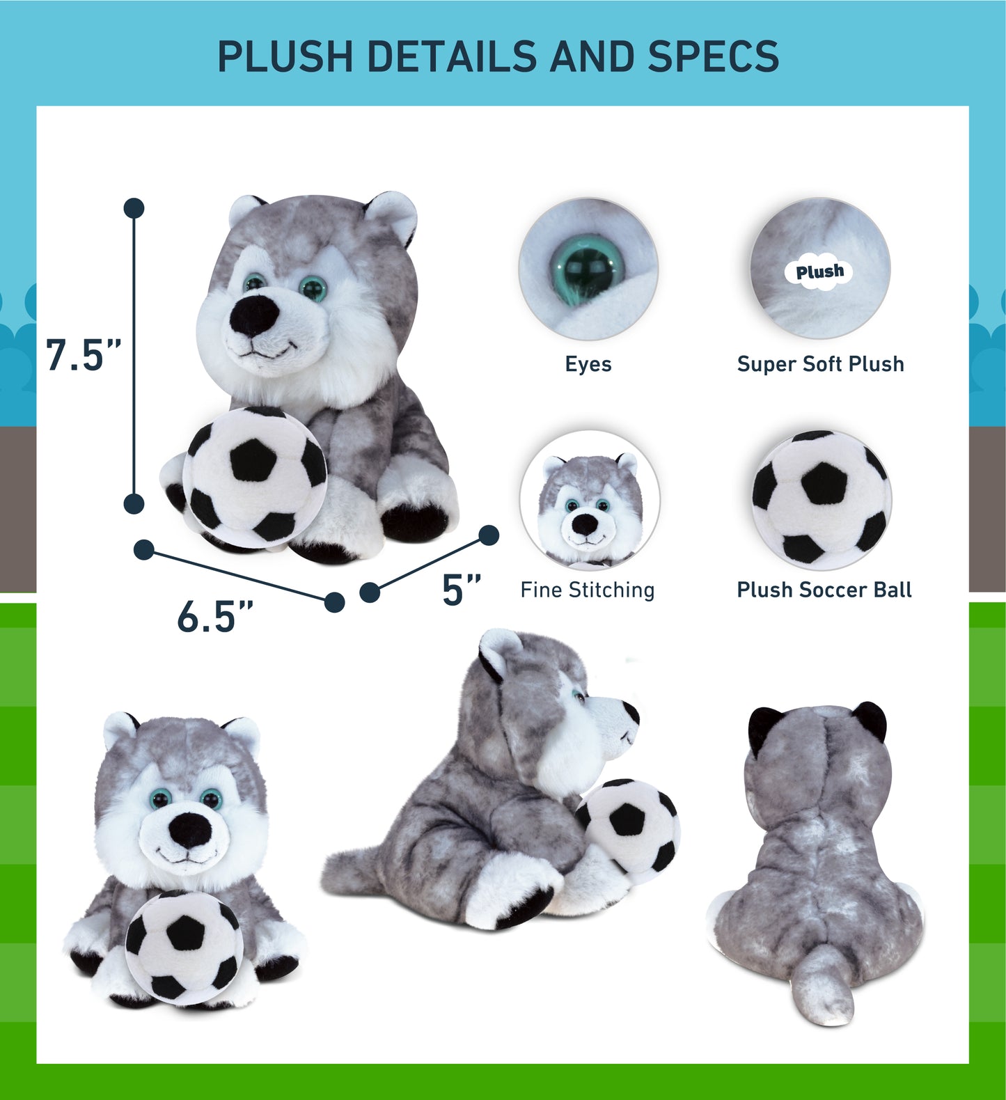 SUPER SOFT PLUSH - FLOPPY HUSKY WITH SOCCER PLUSH