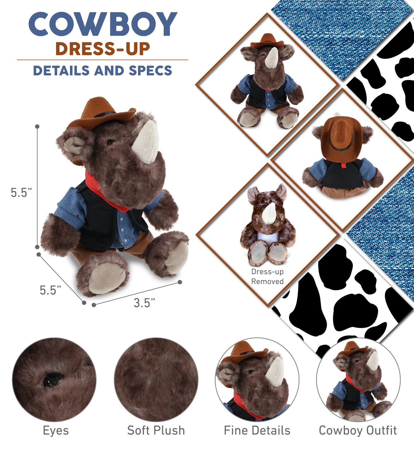 SUPER SOFT PLUSH - SITTING BROWN RHINO COWBOY DRESS UP