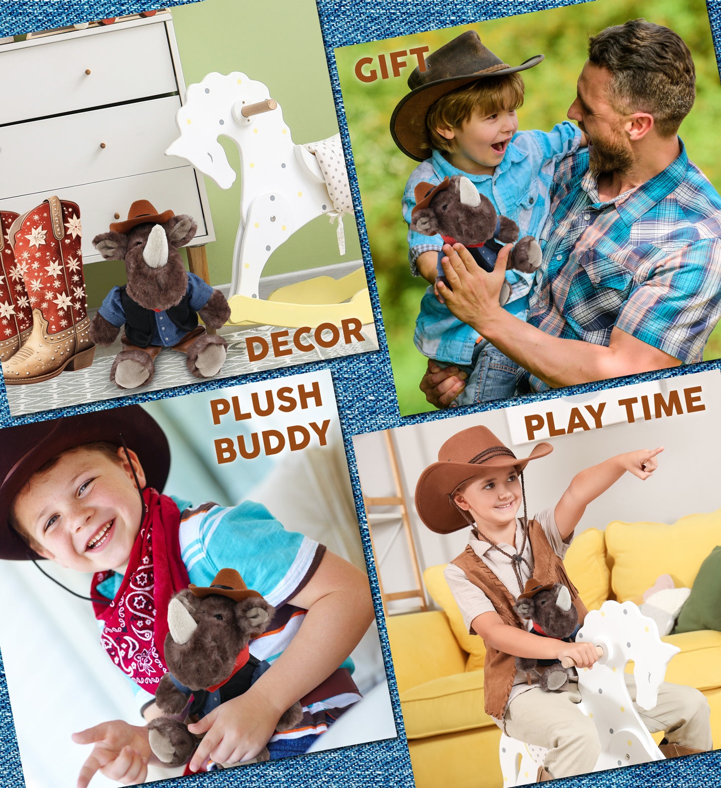 SUPER SOFT PLUSH - SITTING BROWN RHINO COWBOY DRESS UP