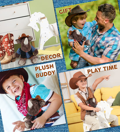 SUPER SOFT PLUSH - SITTING BROWN RHINO COWBOY DRESS UP