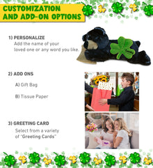 DolliBu Lying Black Bear Stuffed Animal with Green Plush Shamrock - 10 Inches