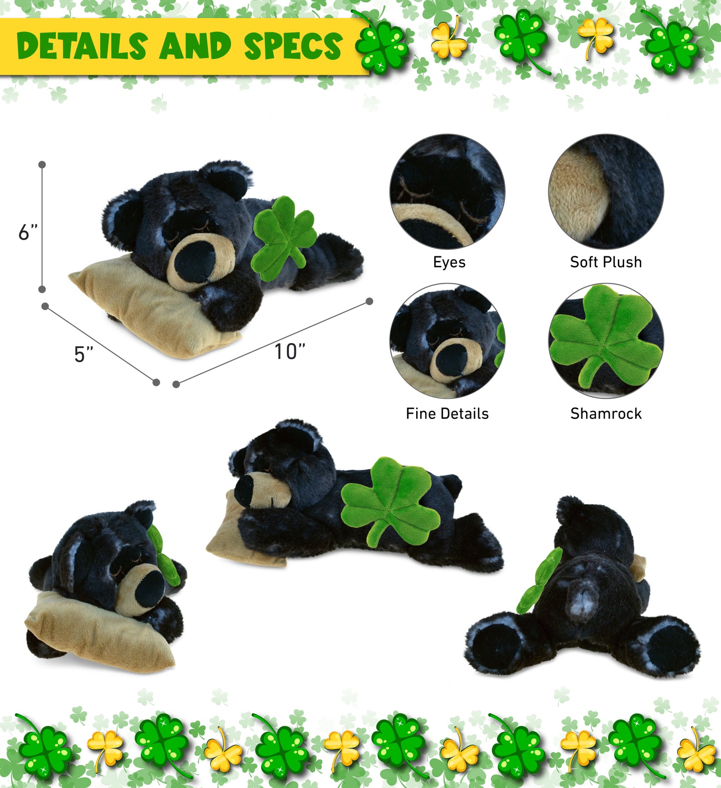 DolliBu Lying Black Bear Stuffed Animal with Green Plush Shamrock - 10 Inches