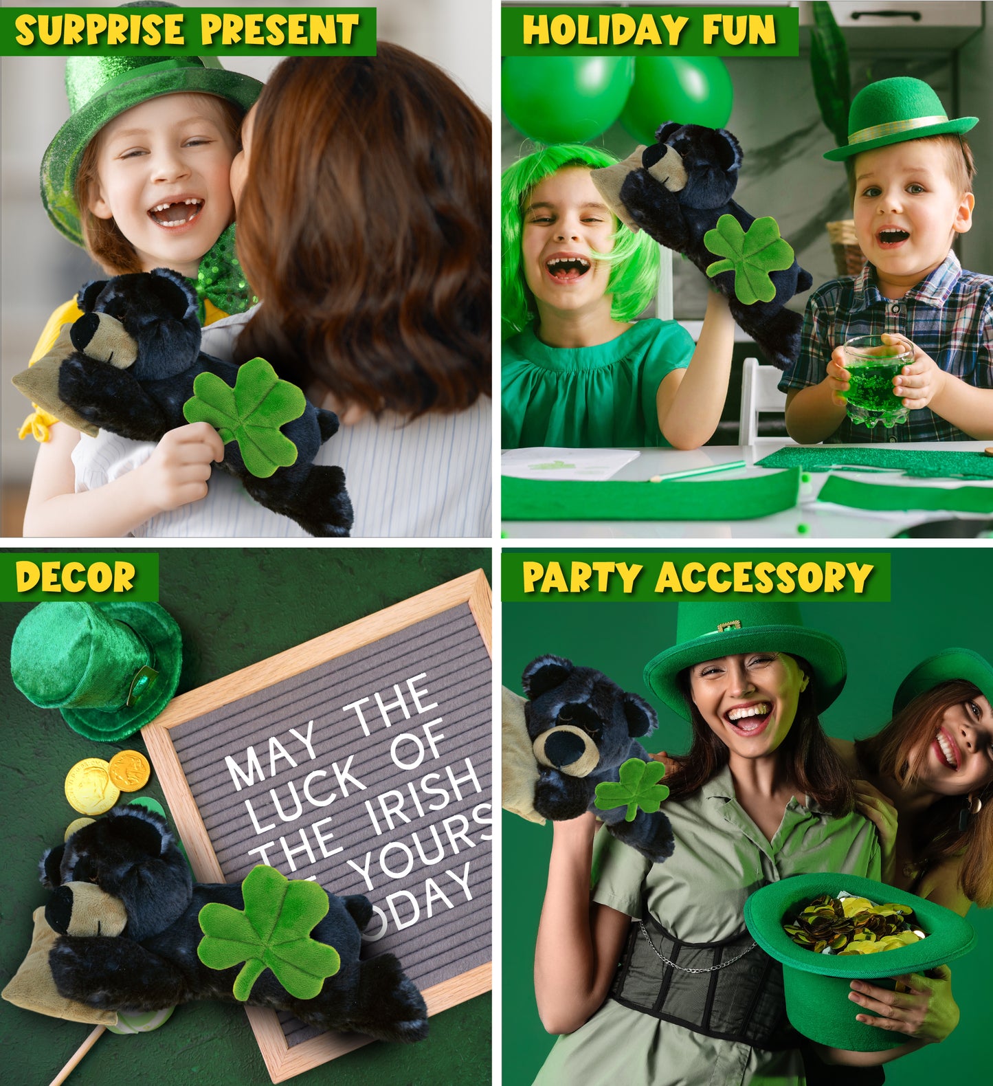 DolliBu Lying Black Bear Stuffed Animal with Green Plush Shamrock - 10 Inches