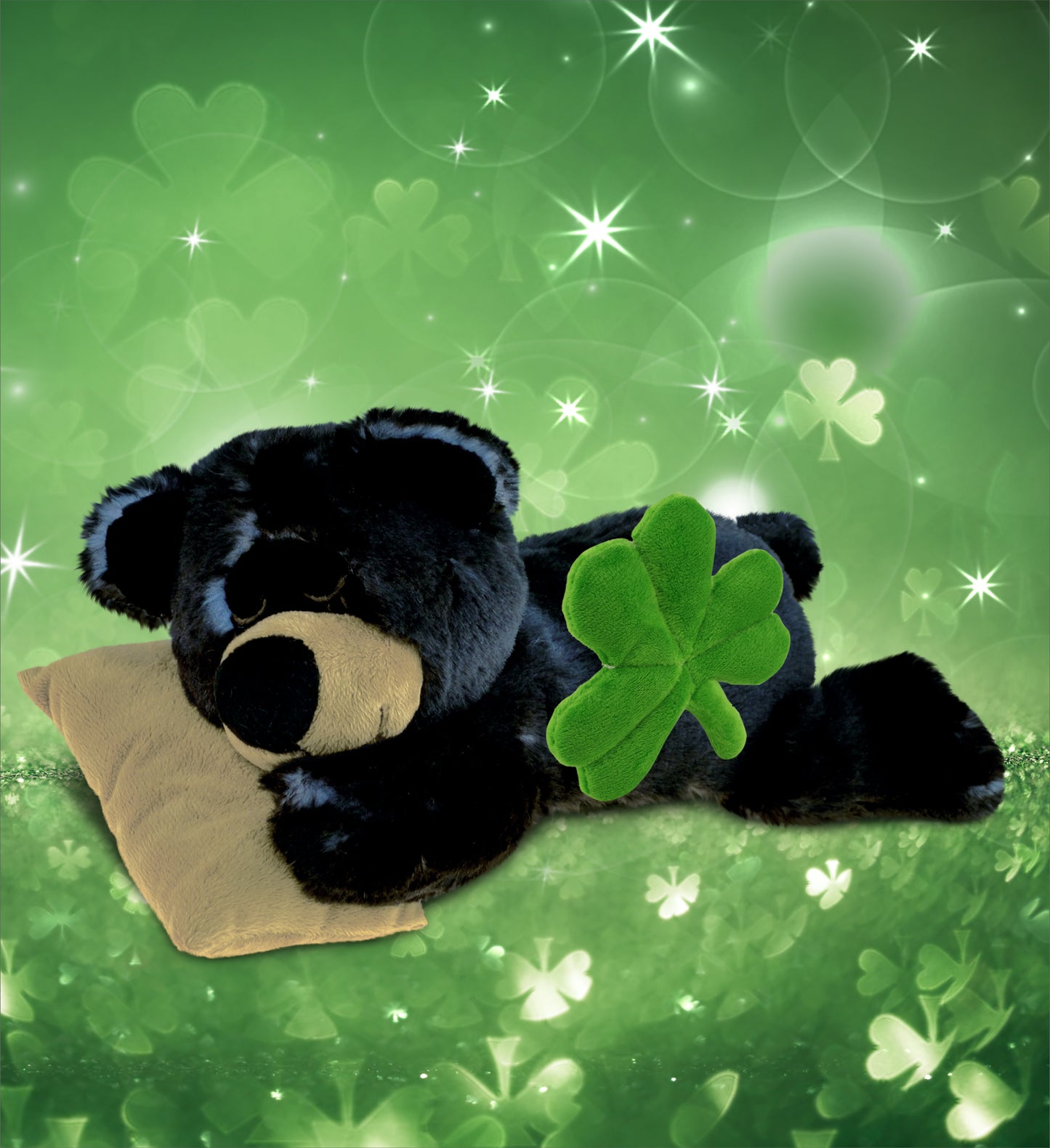 DolliBu Lying Black Bear Stuffed Animal with Green Plush Shamrock - 10 Inches