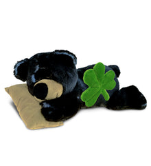 DolliBu Lying Black Bear Stuffed Animal with Green Plush Shamrock - 10 Inches