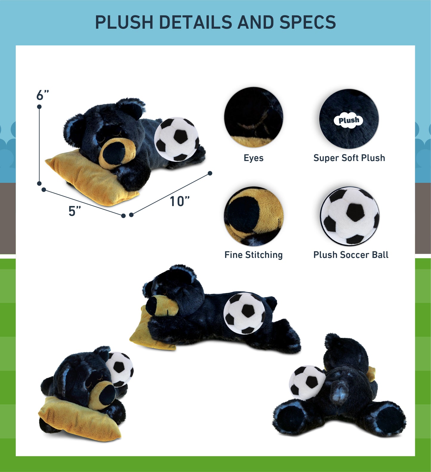 SUPER SOFT PLUSH - SLEEPING BLACK BEAR WITH PILLOW WITH SOCCER PLUSH