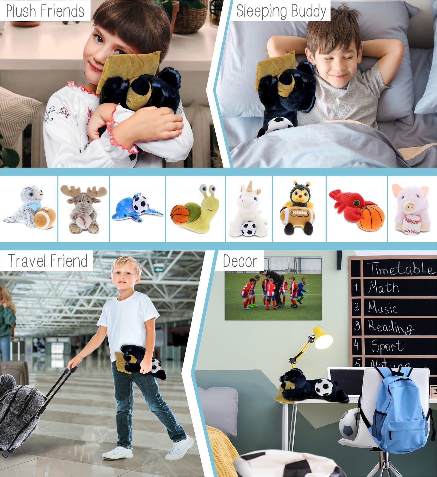 SUPER SOFT PLUSH - SLEEPING BLACK BEAR WITH PILLOW WITH SOCCER PLUSH