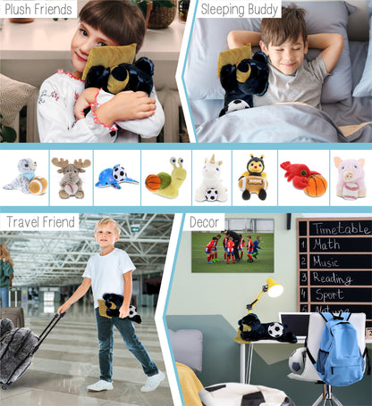 SUPER SOFT PLUSH - SLEEPING BLACK BEAR WITH PILLOW WITH SOCCER PLUSH