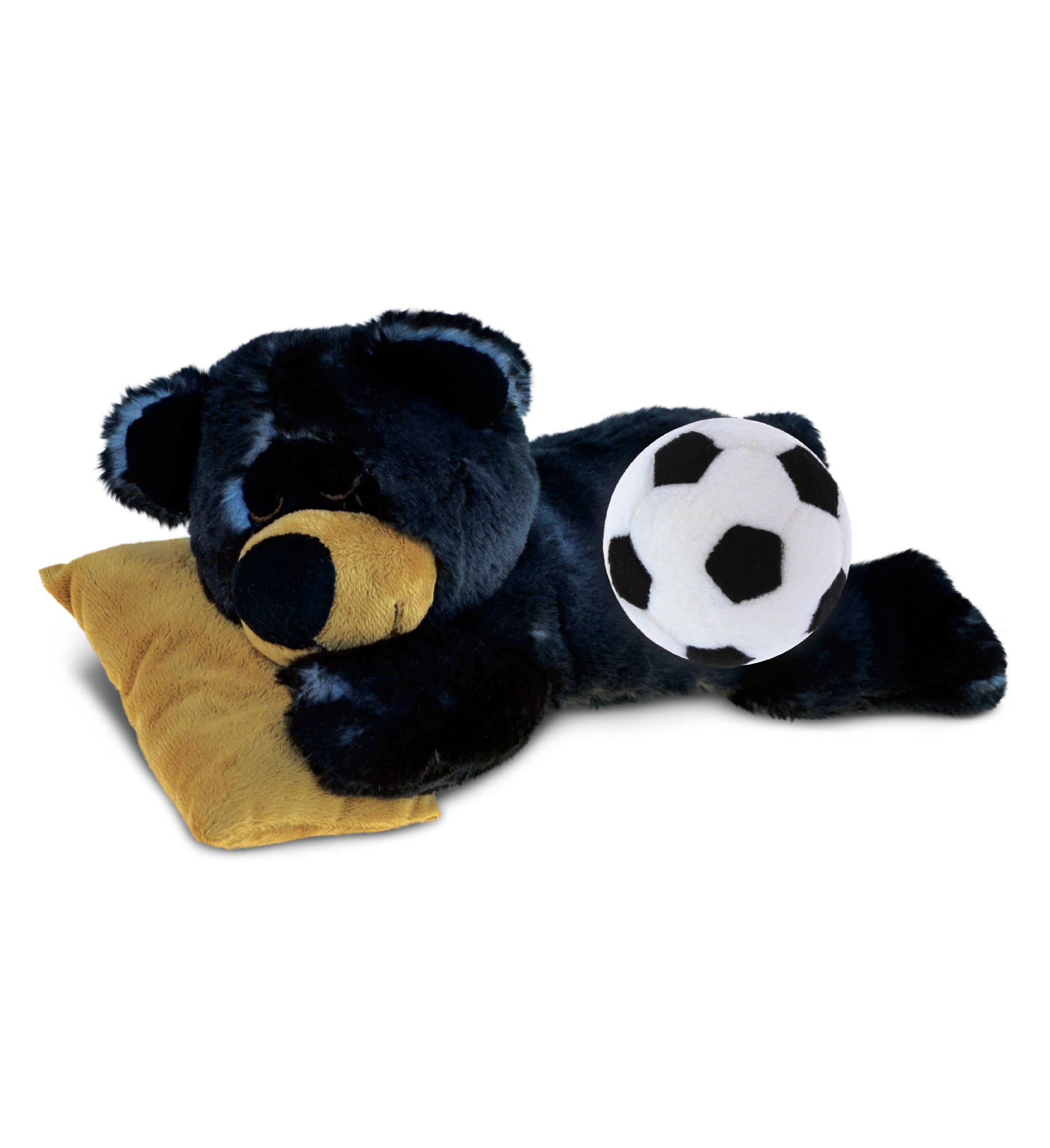 SUPER SOFT PLUSH - SLEEPING BLACK BEAR WITH PILLOW WITH SOCCER PLUSH