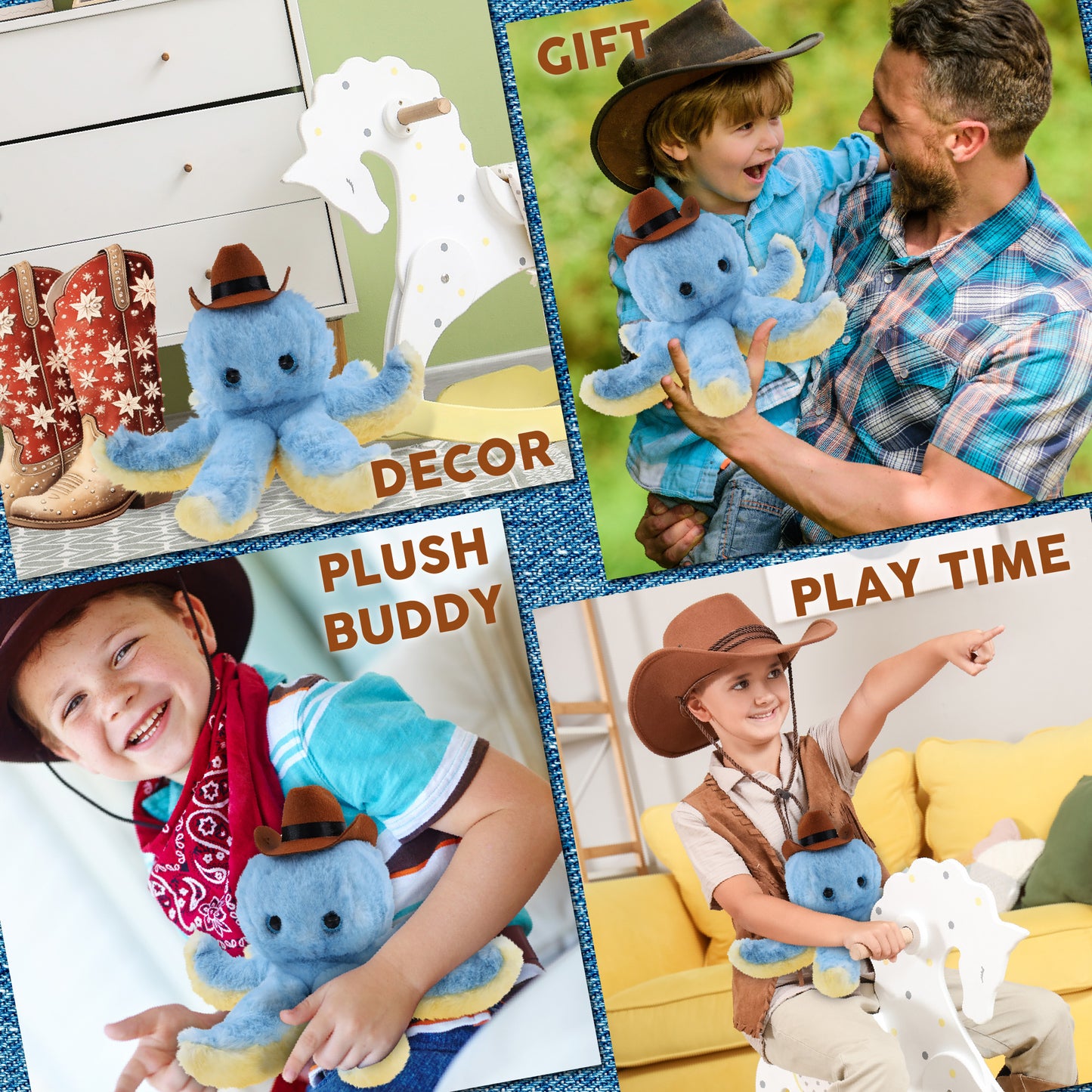 SUPER SOFT PLUSH - BLUE OCTOPUS With COWBOY Dress Up