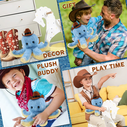 SUPER SOFT PLUSH - BLUE OCTOPUS With COWBOY Dress Up