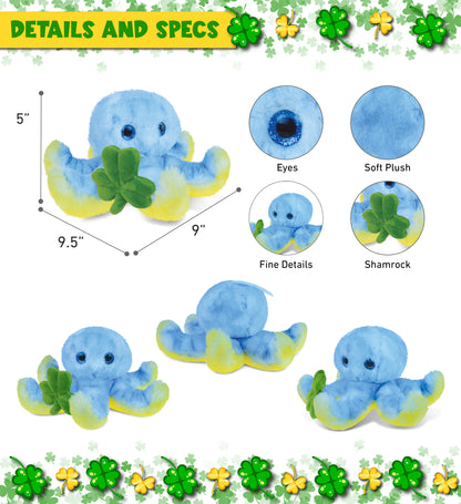 DolliBu Cute Blue Octopus Stuffed Animal with Green Plush Shamrock - 9.5 Inches