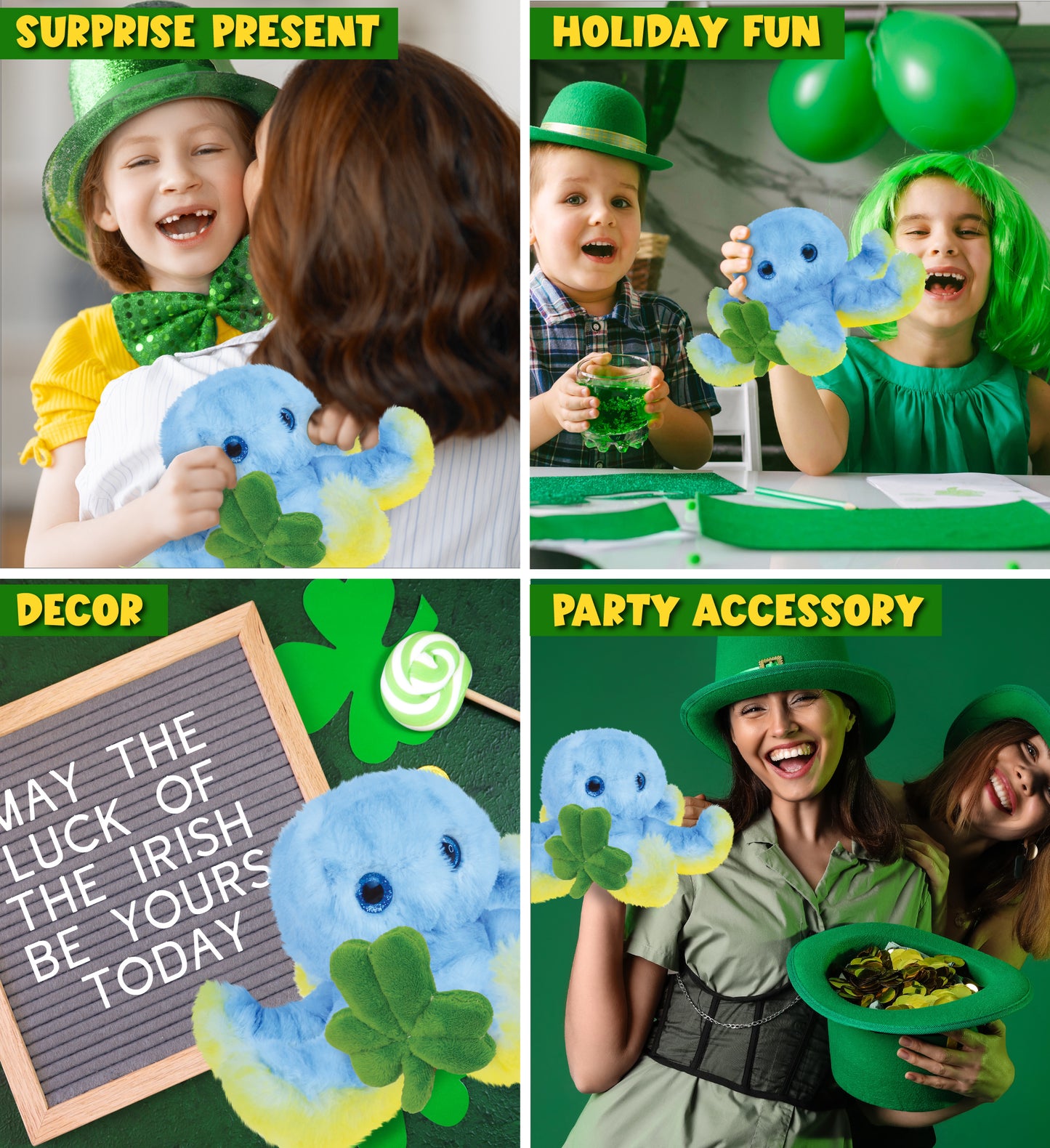 DolliBu Cute Blue Octopus Stuffed Animal with Green Plush Shamrock - 9.5 Inches