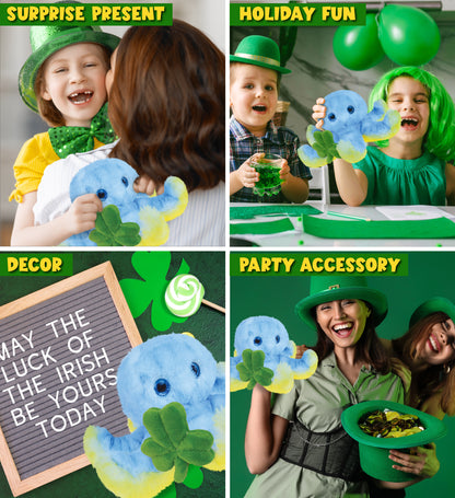 DolliBu Cute Blue Octopus Stuffed Animal with Green Plush Shamrock - 9.5 Inches