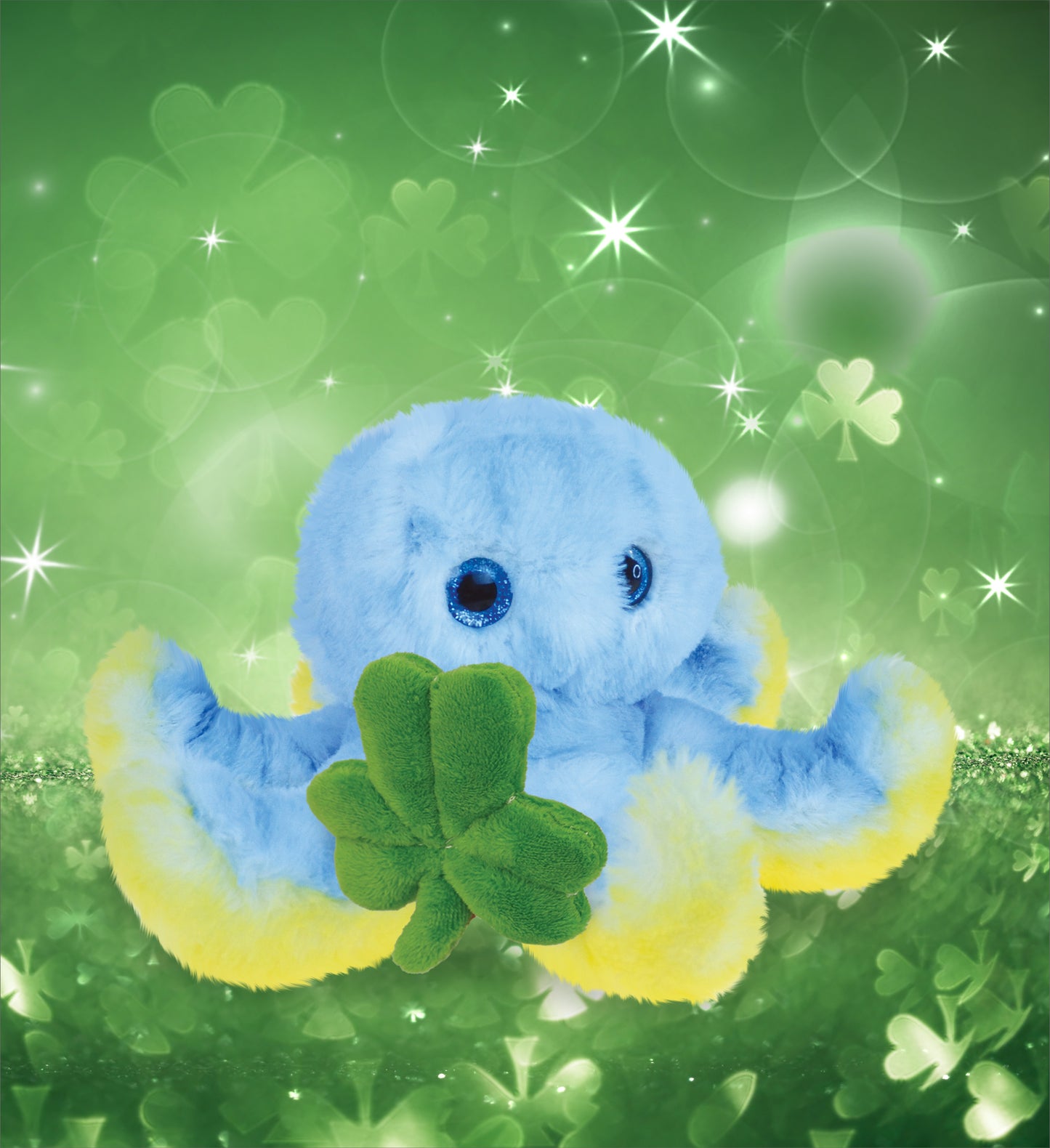 DolliBu Cute Blue Octopus Stuffed Animal with Green Plush Shamrock - 9.5 Inches