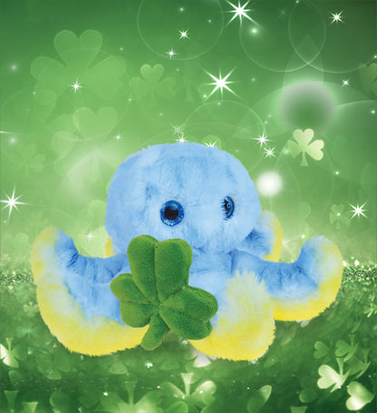 DolliBu Cute Blue Octopus Stuffed Animal with Green Plush Shamrock - 9.5 Inches