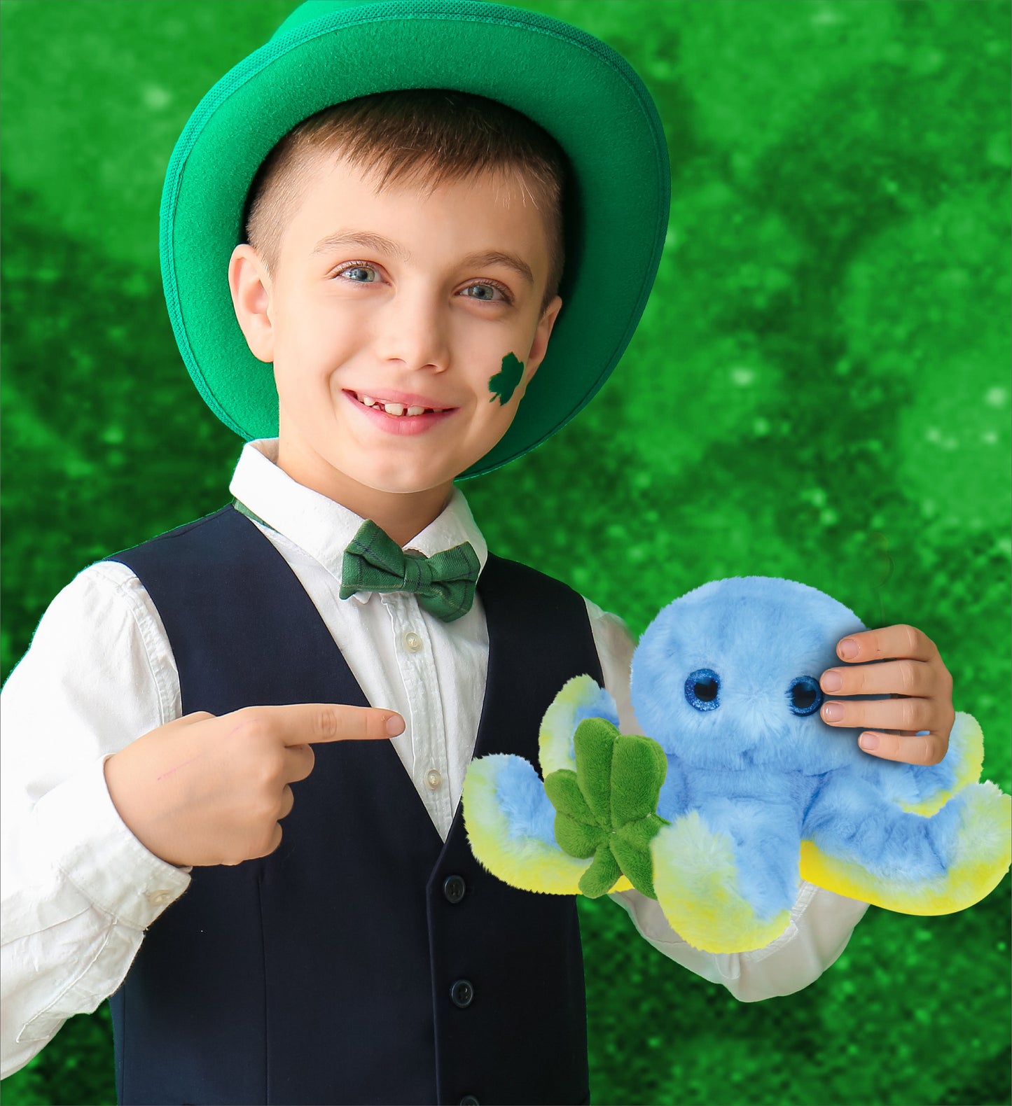 DolliBu Cute Blue Octopus Stuffed Animal with Green Plush Shamrock - 9.5 Inches