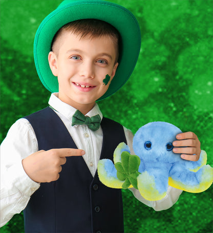 DolliBu Cute Blue Octopus Stuffed Animal with Green Plush Shamrock - 9.5 Inches