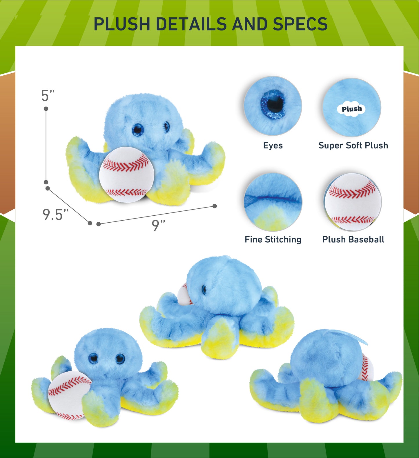 SUPER SOFT PLUSH - BLUE OCTOPUS WITH BASEBALL PLUSH