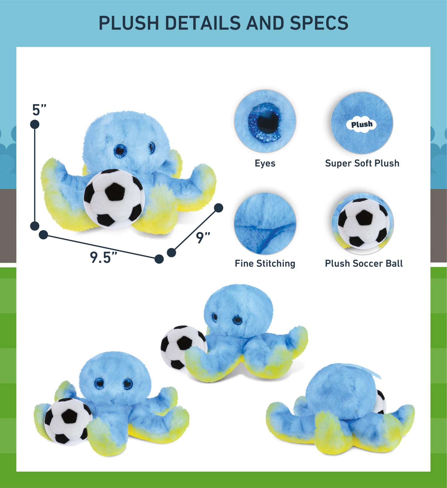 SUPER SOFT PLUSH - BLUE OCTOPUS WITH SOCCER PLUSH