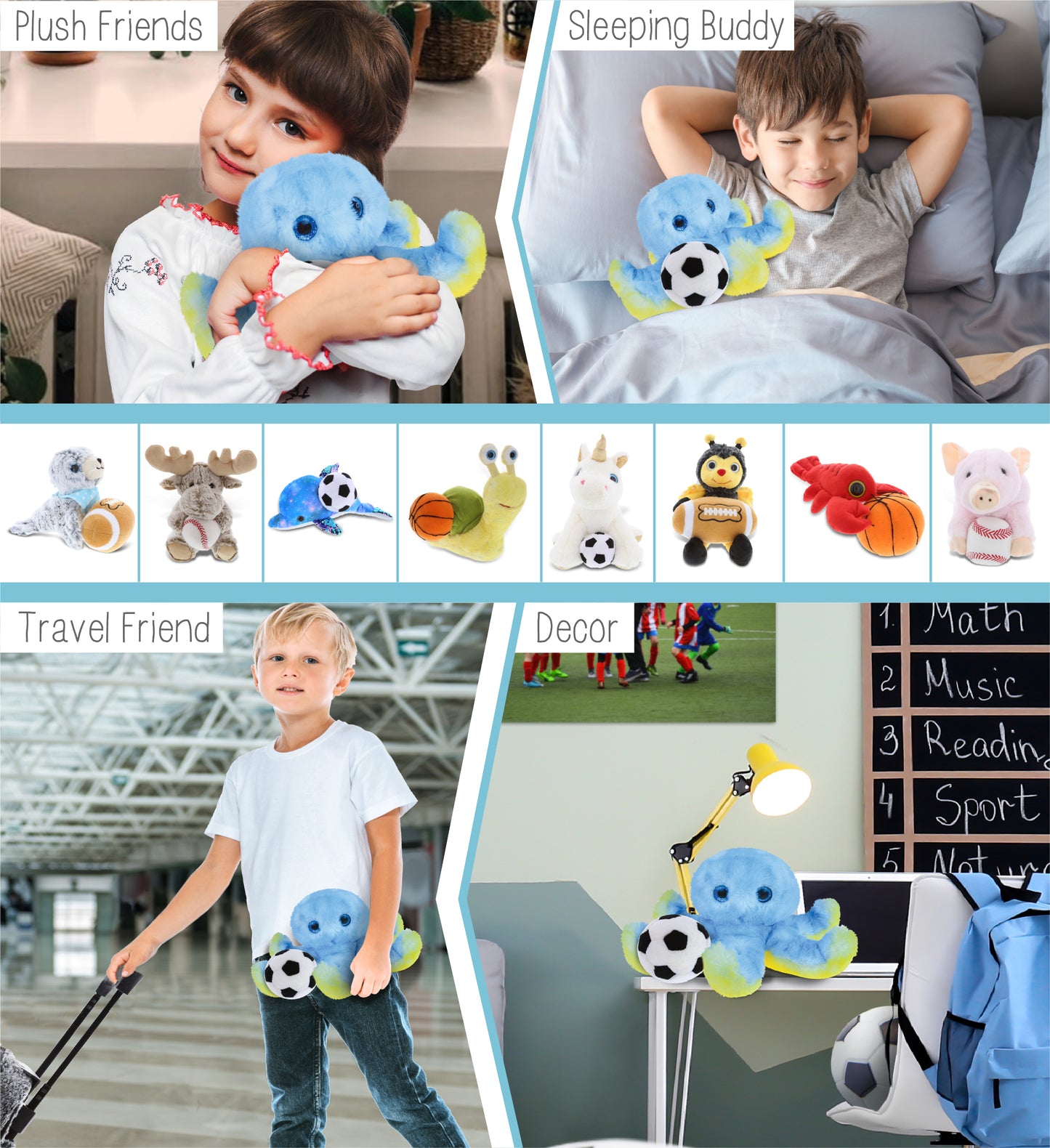 SUPER SOFT PLUSH - BLUE OCTOPUS WITH SOCCER PLUSH