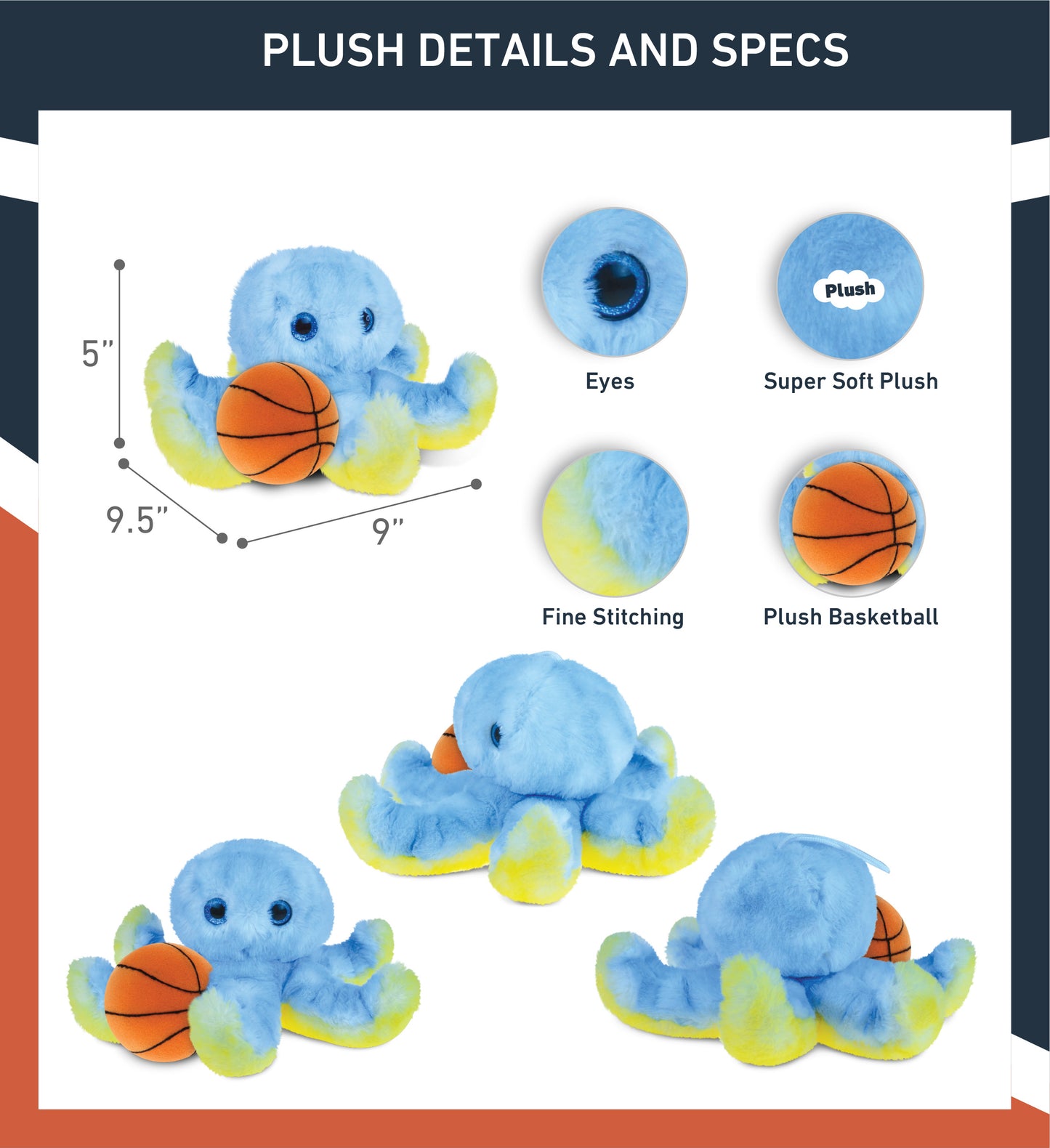 SUPER SOFT PLUSH - BLUE OCTOPUS WITH BASKETBALL PLUSH