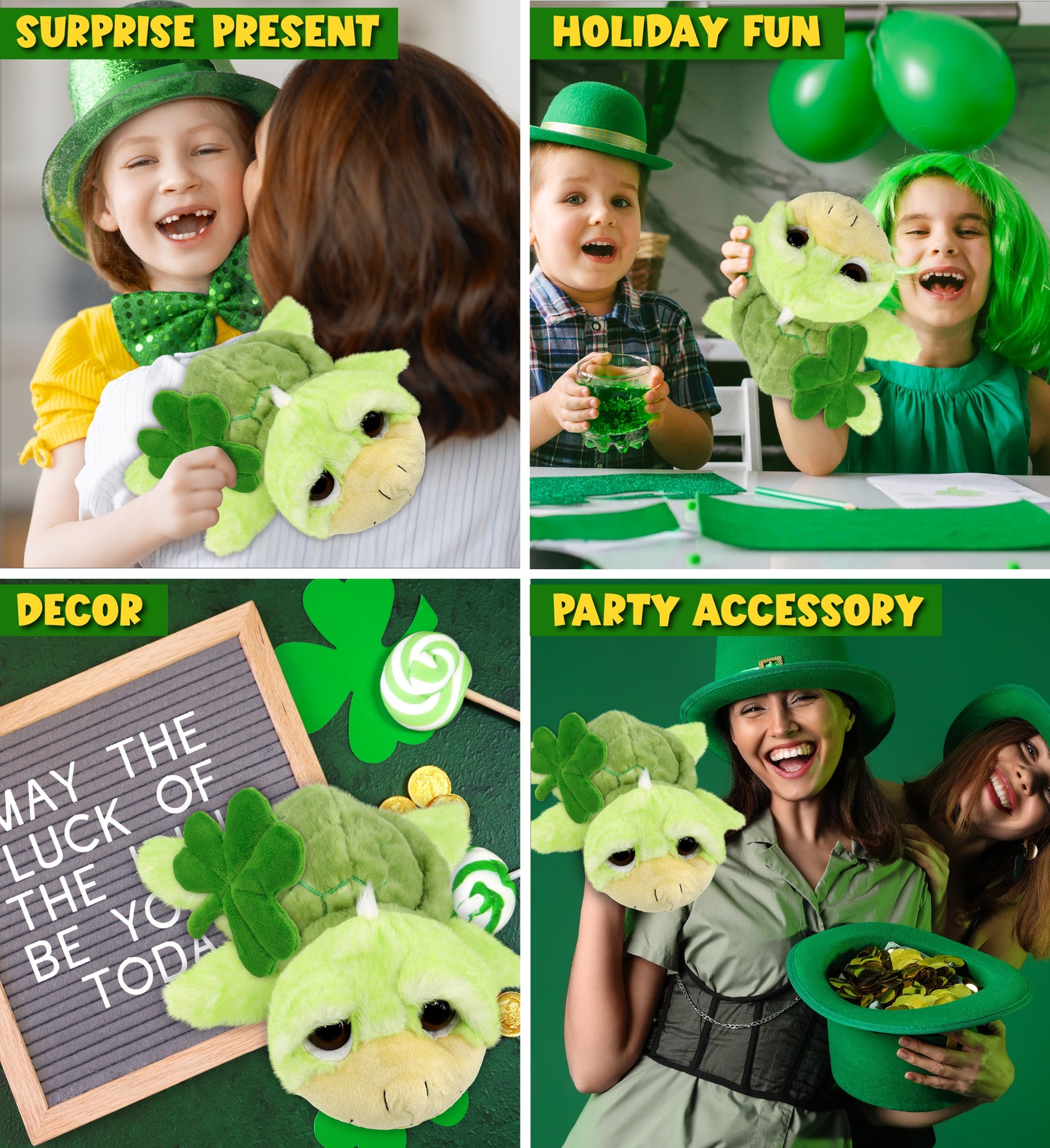 DolliBu Green Sea Turtle Stuffed Animal with Green Plush Shamrock - 11 Inches
