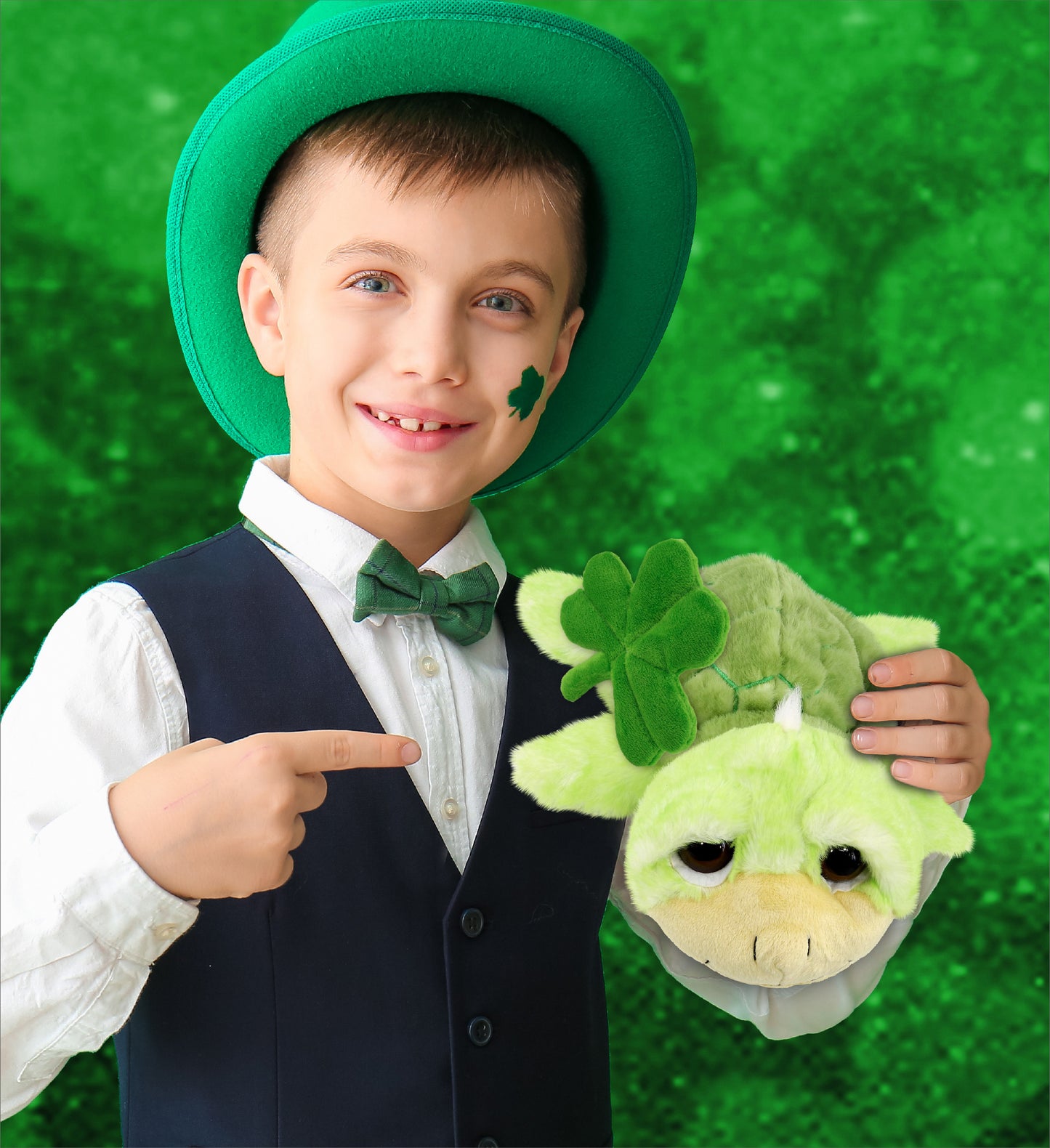 DolliBu Green Sea Turtle Stuffed Animal with Green Plush Shamrock - 11 Inches