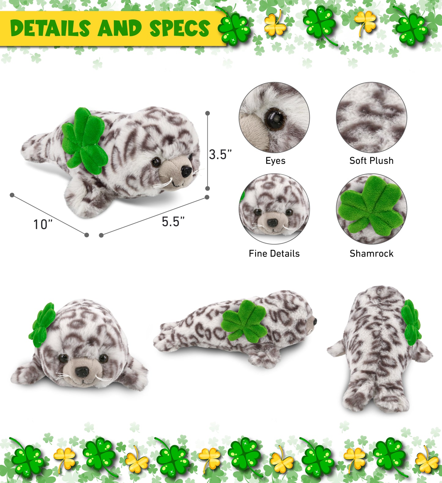 DolliBu Super Soft Seal Stuffed Animal with Green Plush Shamrock - 10 Inches