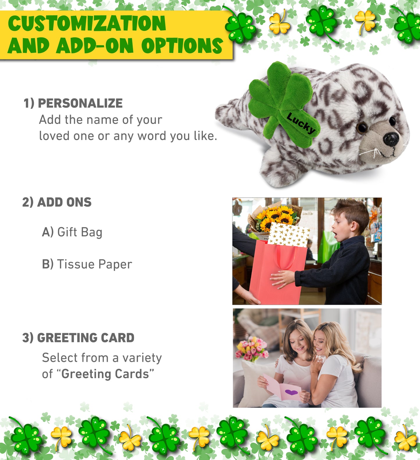 DolliBu Cute Soft Seal Stuffed Animal with Green Plush Shamrock - 12 Inches