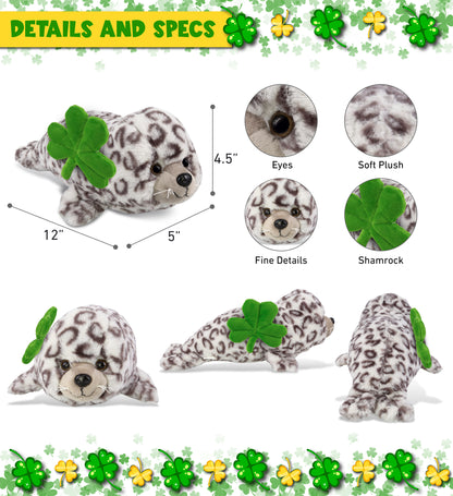 DolliBu Cute Soft Seal Stuffed Animal with Green Plush Shamrock - 12 Inches