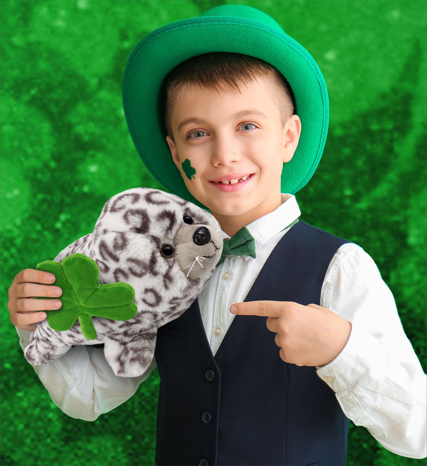 DolliBu Cute Soft Seal Stuffed Animal with Green Plush Shamrock - 12 Inches