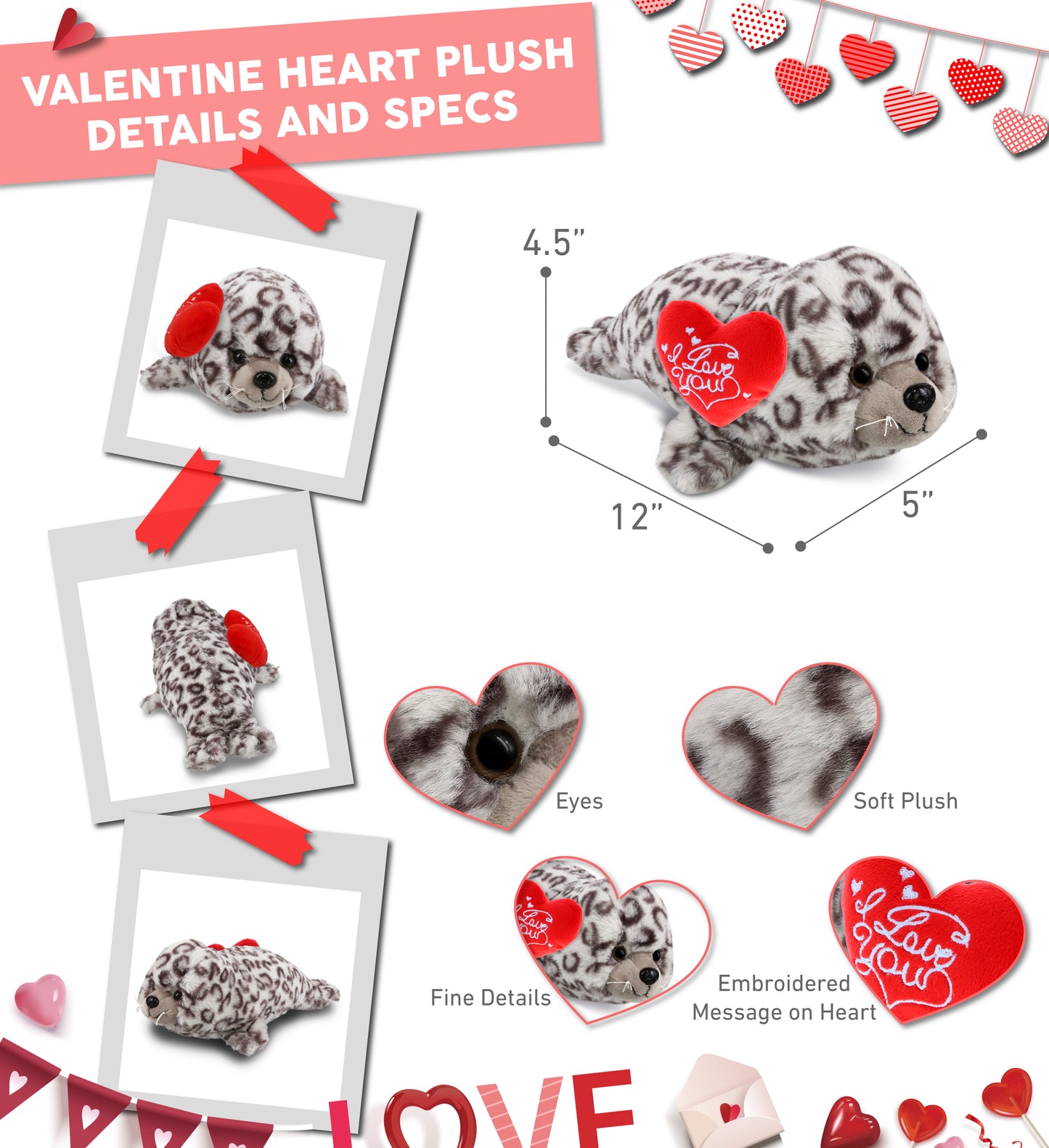 DolliBu I Love You Valentine Plush Cute Seal with Red Heart - 12 Inches