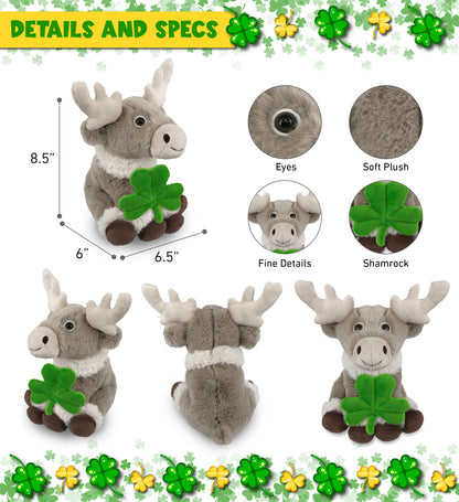 DolliBu Squat Reindeer Stuffed Animal with Green Plush Shamrock - 8.5 Inches