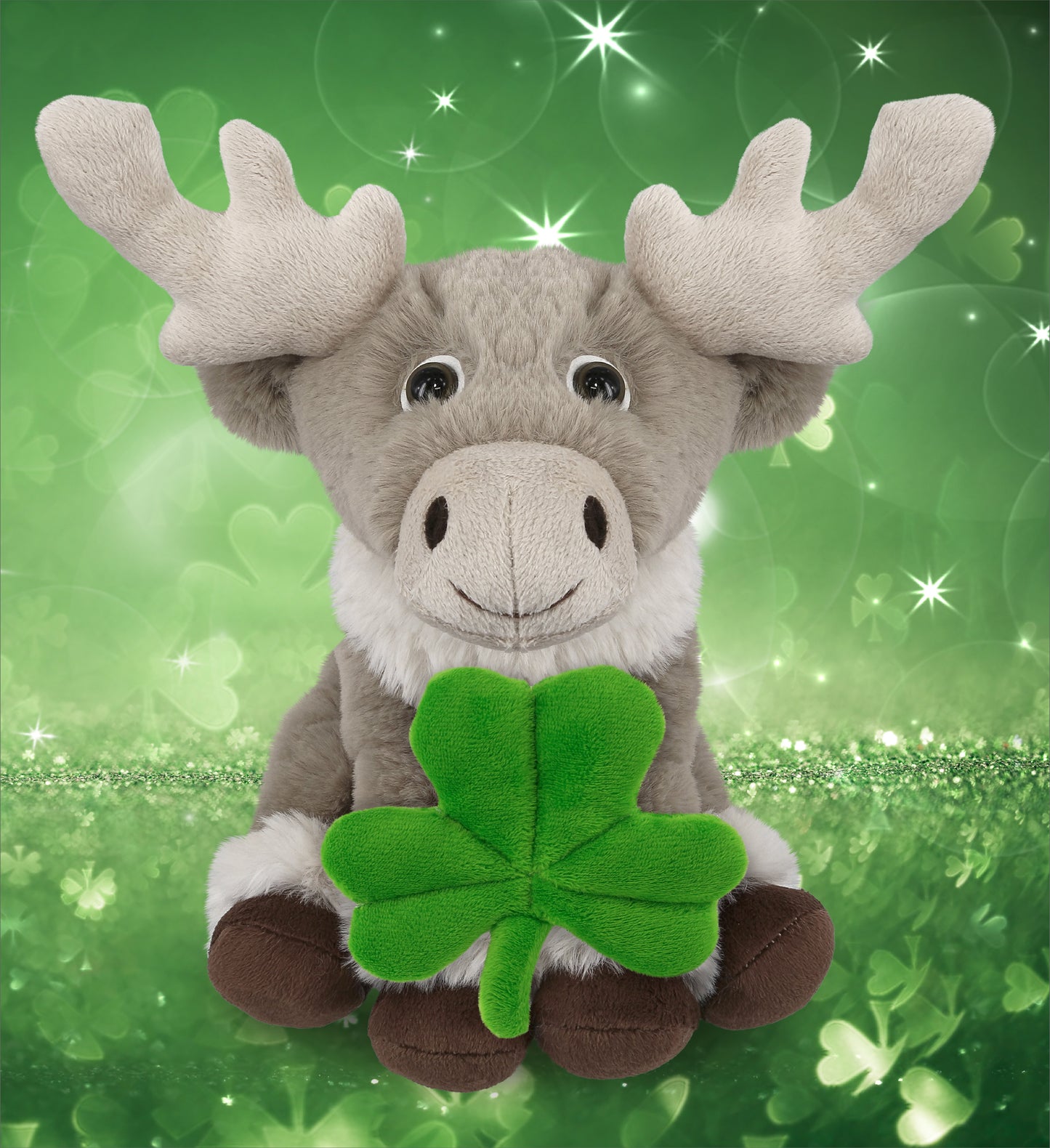 DolliBu Squat Reindeer Stuffed Animal with Green Plush Shamrock - 8.5 Inches