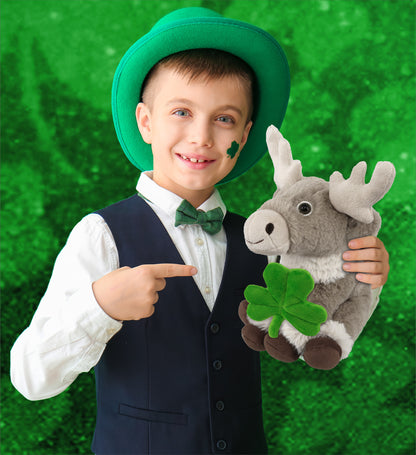 DolliBu Squat Reindeer Stuffed Animal with Green Plush Shamrock - 8.5 Inches