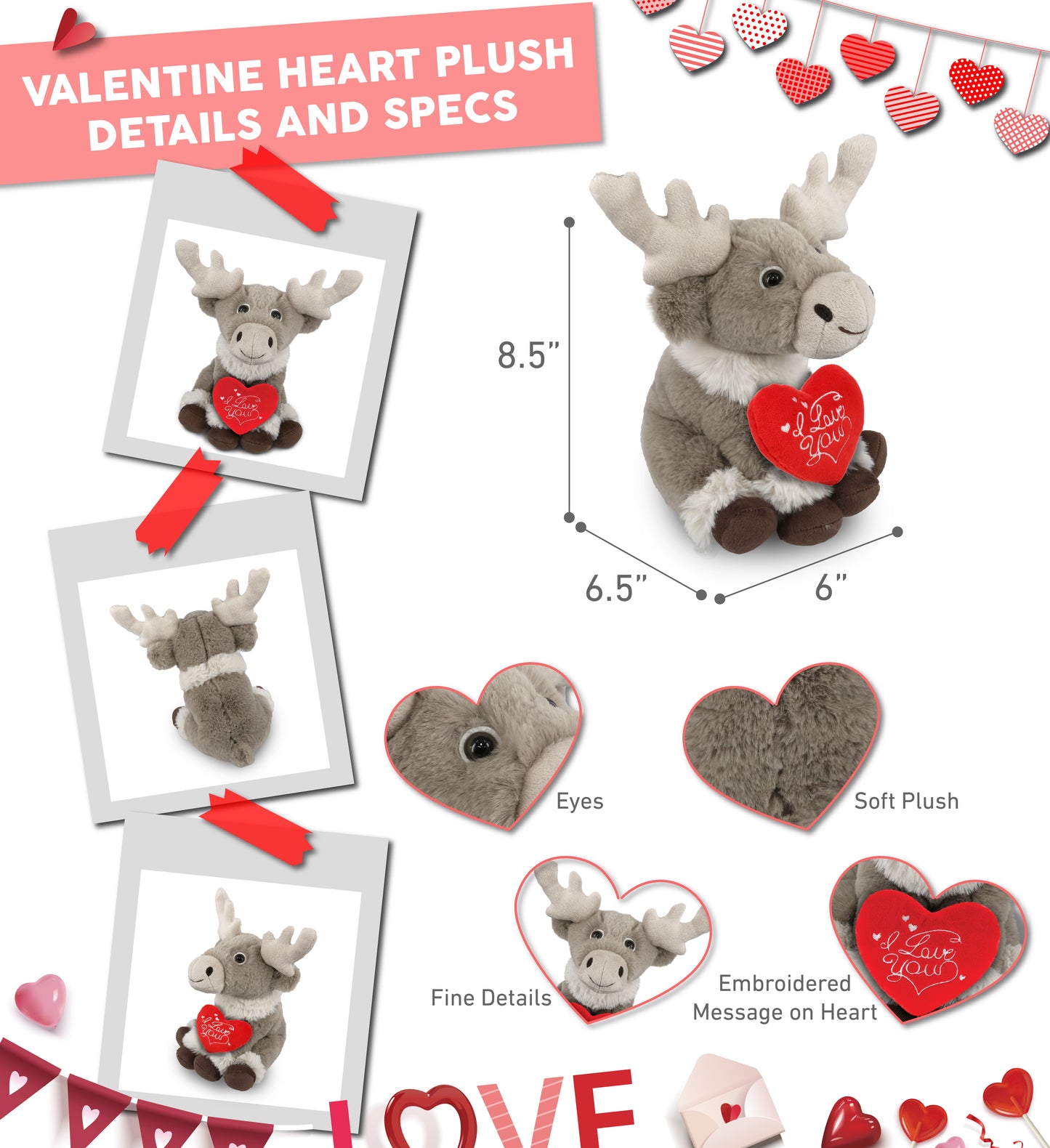 PLUSH I LOVE YOU RED HEART - SUPER-SOFT PLUSH - SQUAT REINDEER 8.5"