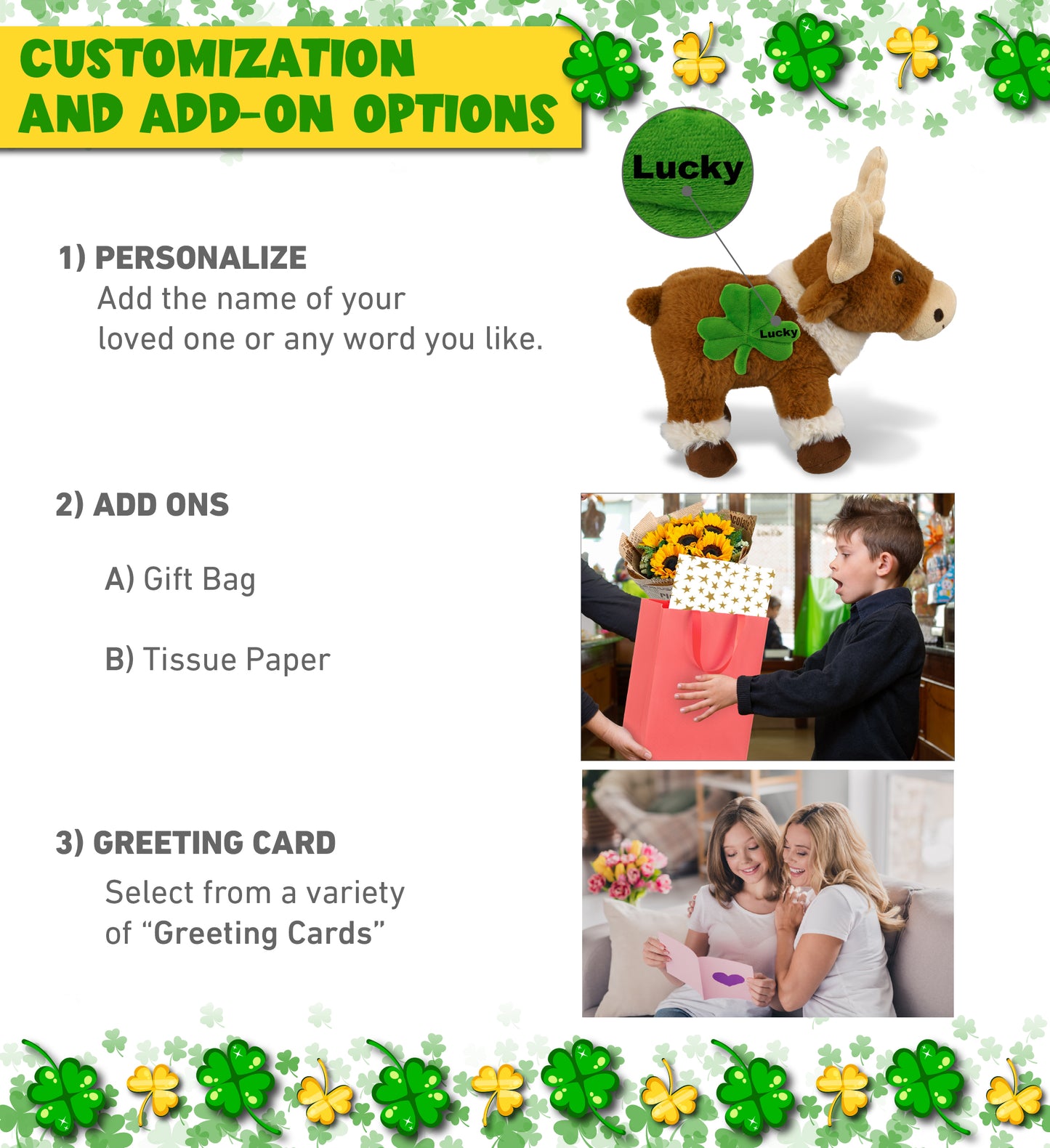 DolliBu Standing Reindeer Stuffed Animal with Green Plush Shamrock - 11 Inches