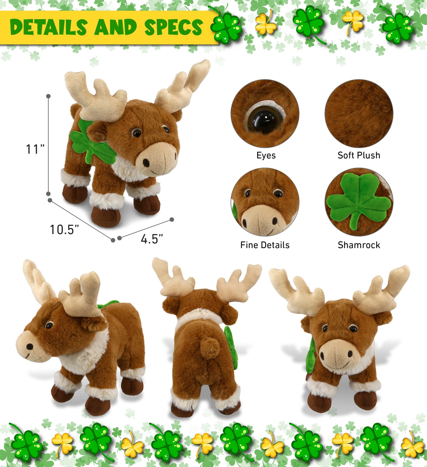 DolliBu Standing Reindeer Stuffed Animal with Green Plush Shamrock - 11 Inches