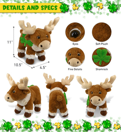DolliBu Standing Reindeer Stuffed Animal with Green Plush Shamrock - 11 Inches