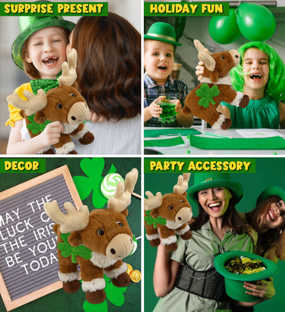 DolliBu Standing Reindeer Stuffed Animal with Green Plush Shamrock - 11 Inches