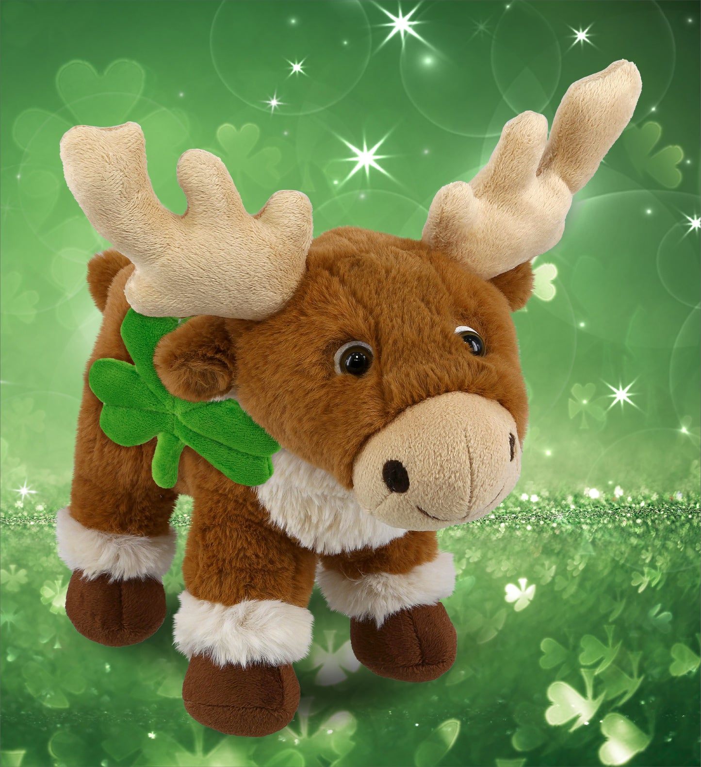 DolliBu Standing Reindeer Stuffed Animal with Green Plush Shamrock - 11 Inches