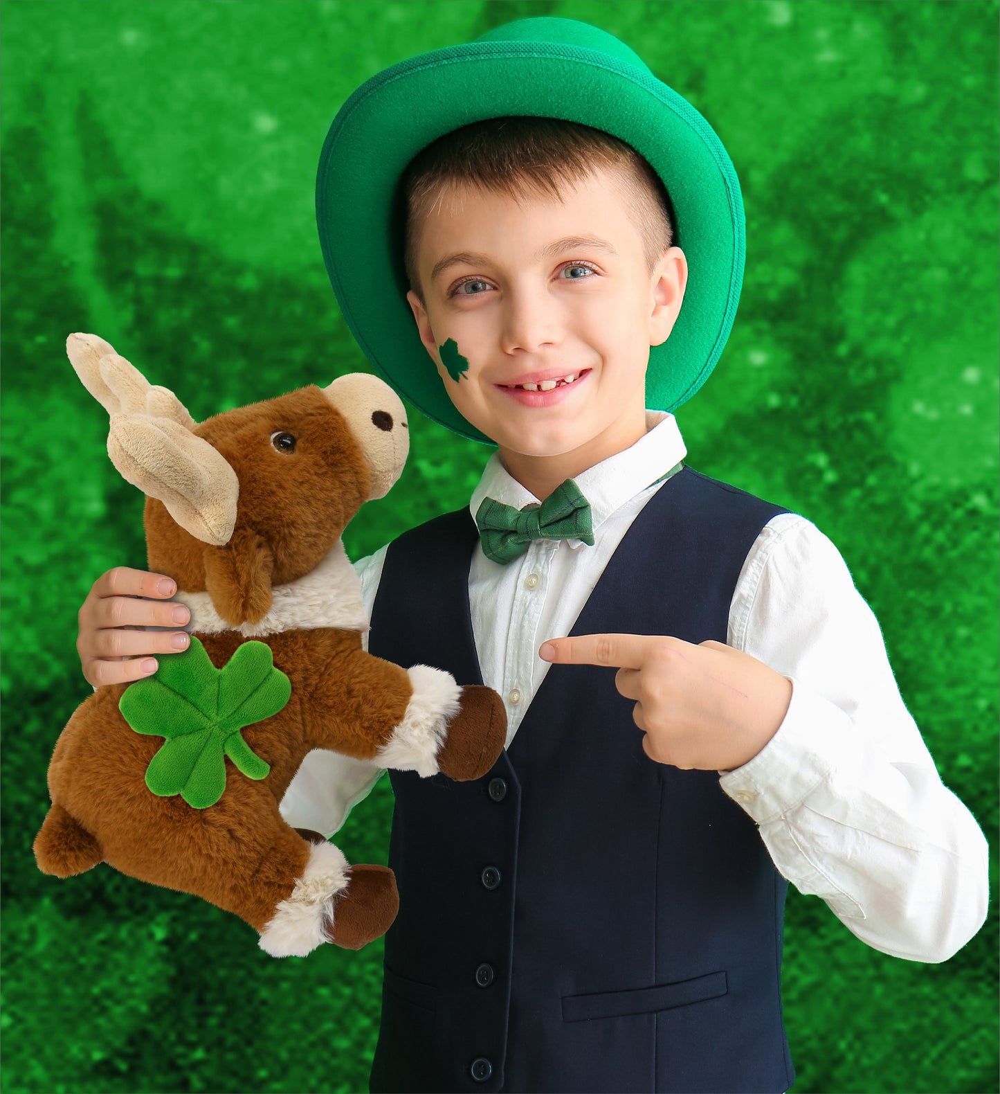 DolliBu Standing Reindeer Stuffed Animal with Green Plush Shamrock - 11 Inches