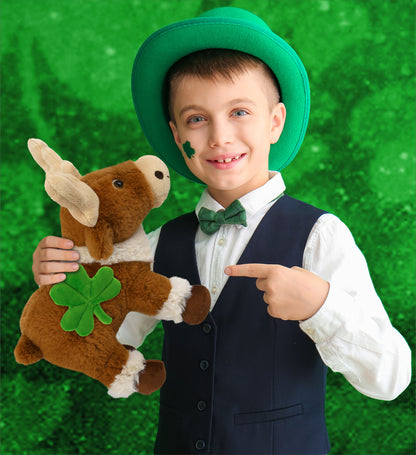 DolliBu Standing Reindeer Stuffed Animal with Green Plush Shamrock - 11 Inches