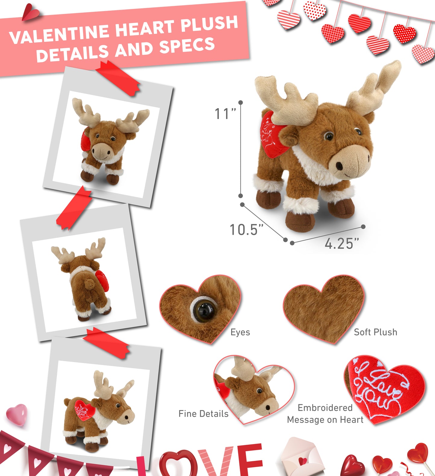 PLUSH I LOVE YOU RED HEART - SUPER-SOFT PLUSH - STANDING REINDEER 11"