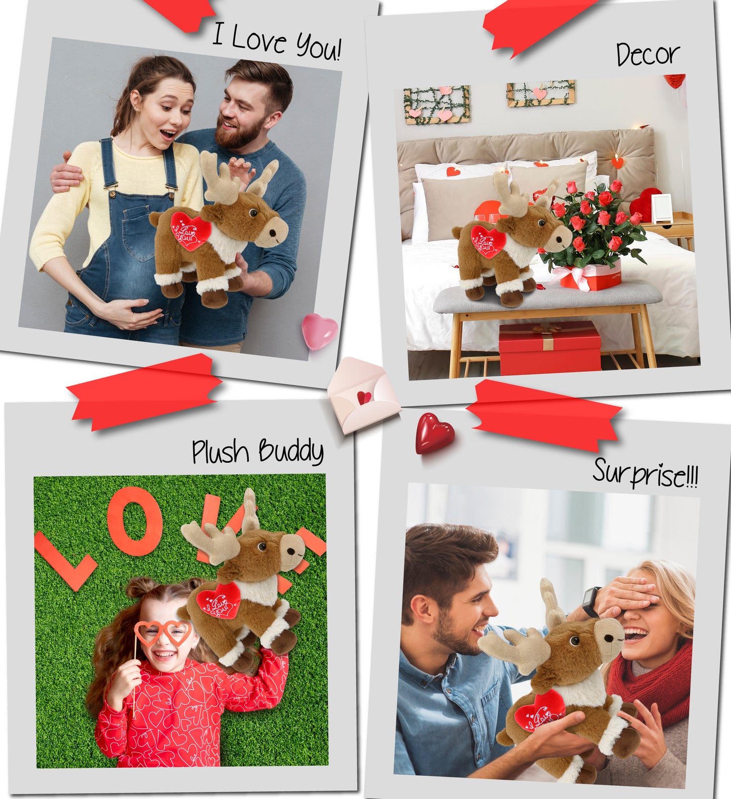 PLUSH I LOVE YOU RED HEART - SUPER-SOFT PLUSH - STANDING REINDEER 11"