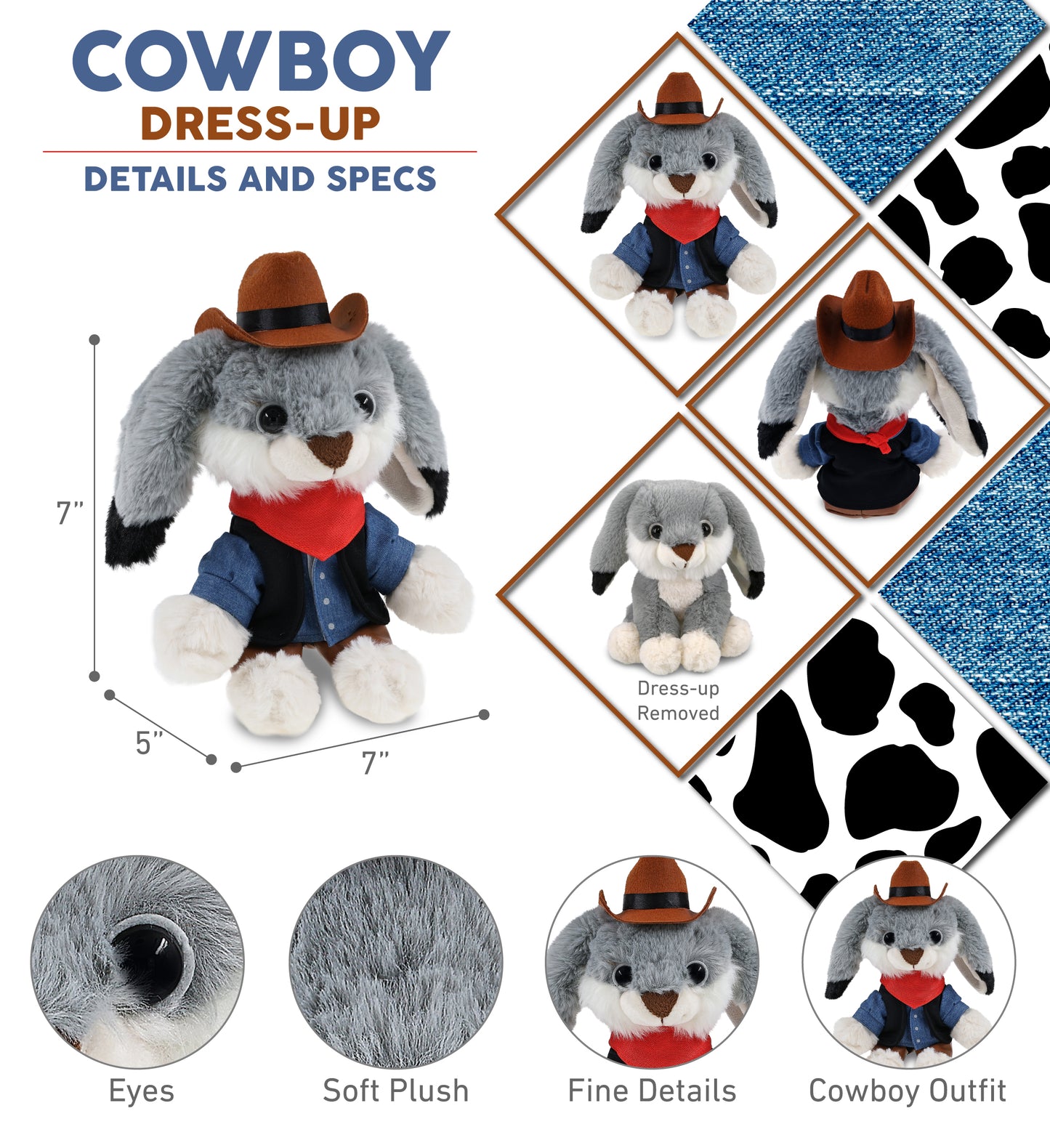SUPER-SOFT PLUSH - GREY RABBIT 7" COWBOY DRESS UP