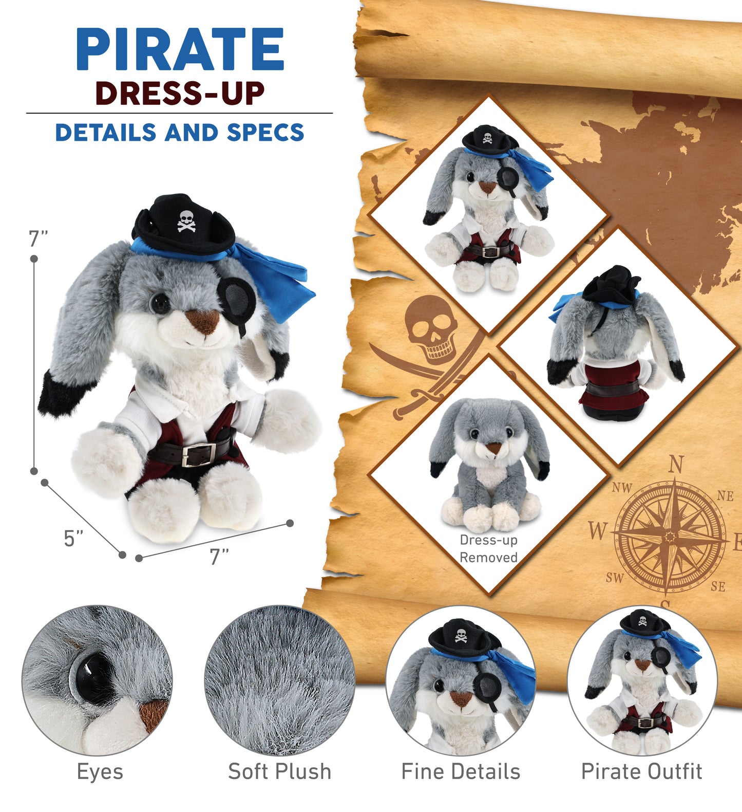SUPER-SOFT PLUSH - GREY RABBIT 7" PIRATE DRESS UP